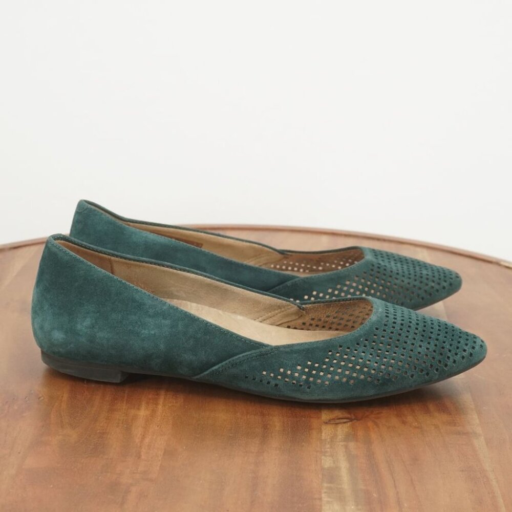 Vionic Womens Posey Pointed Toe Perforated Ballet Flats Size 9 Green Suede